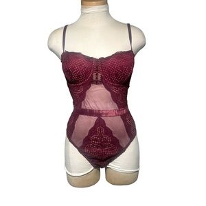 Victoria's Secret Sheer Lace Bodysuit in Burgundy Size 36 C